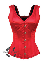 Red Satin Shoulder Straps Gothic Burlesque Bustier Waist Training Overbust Corset Costume